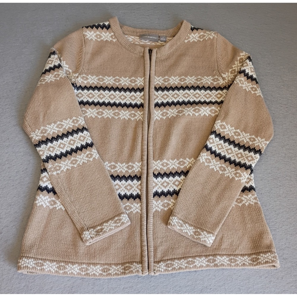 Croft & Barrow Sz S Tan Fair Isle Full Zip Cardigan Sweater Nordic Boho Cottage
